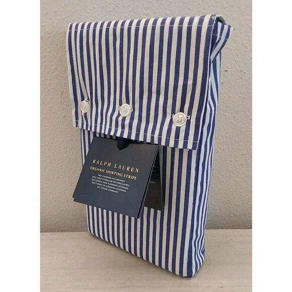 Ralph Lauren Organic Shirting Stripe Cotton Two Standard Pillowcases Blue White - Picture 3 of 9
